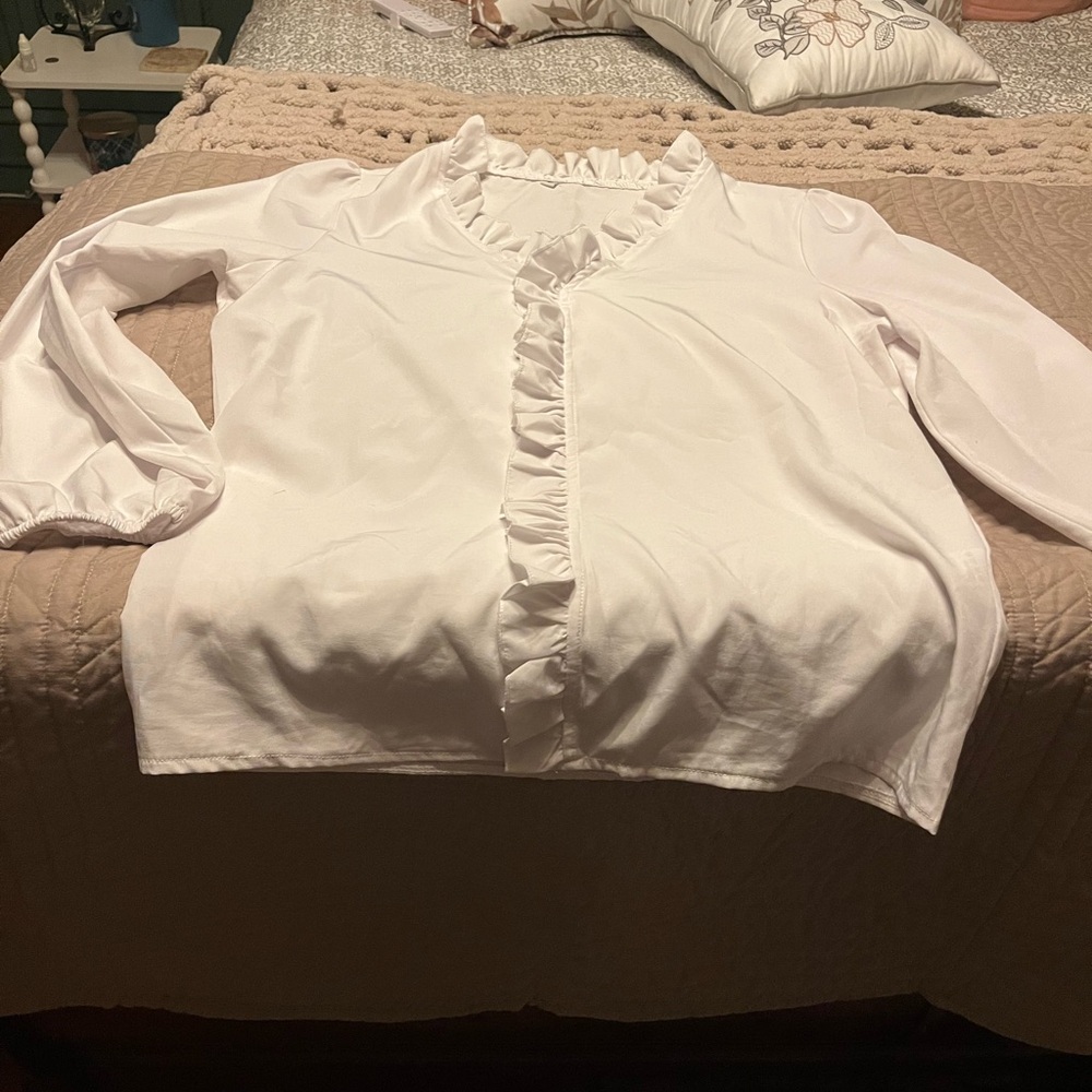 White Ruffle-Front Blouse